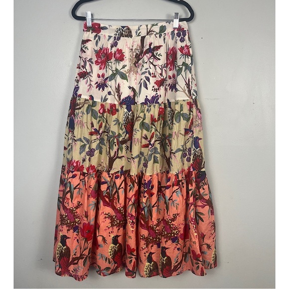 Dylan Anthropologie extra small multi-coloured midi tiered bird floral skirt - Picture 1 of 8